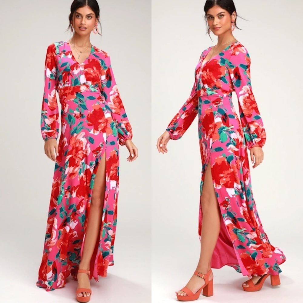 NWT Lulu's Carolita Magenta Floral Print Vibrant Pink Floral Maxi Dress